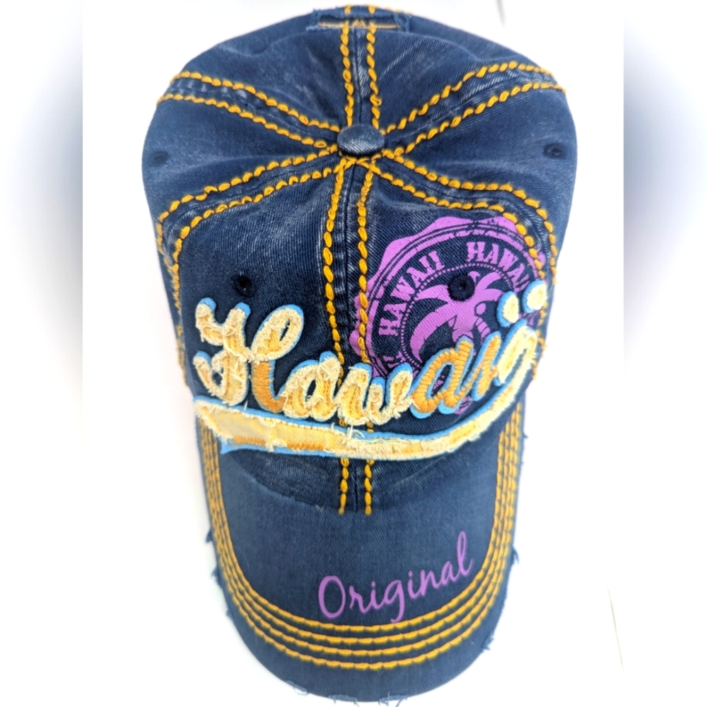 Robin Ruth Original Embroidered Hawaii Baseball Cap Hook & Loop Denim Distressed
